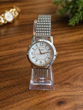 Timex Silver Mesh Bracelet Watch with White Dial and Gold Accents